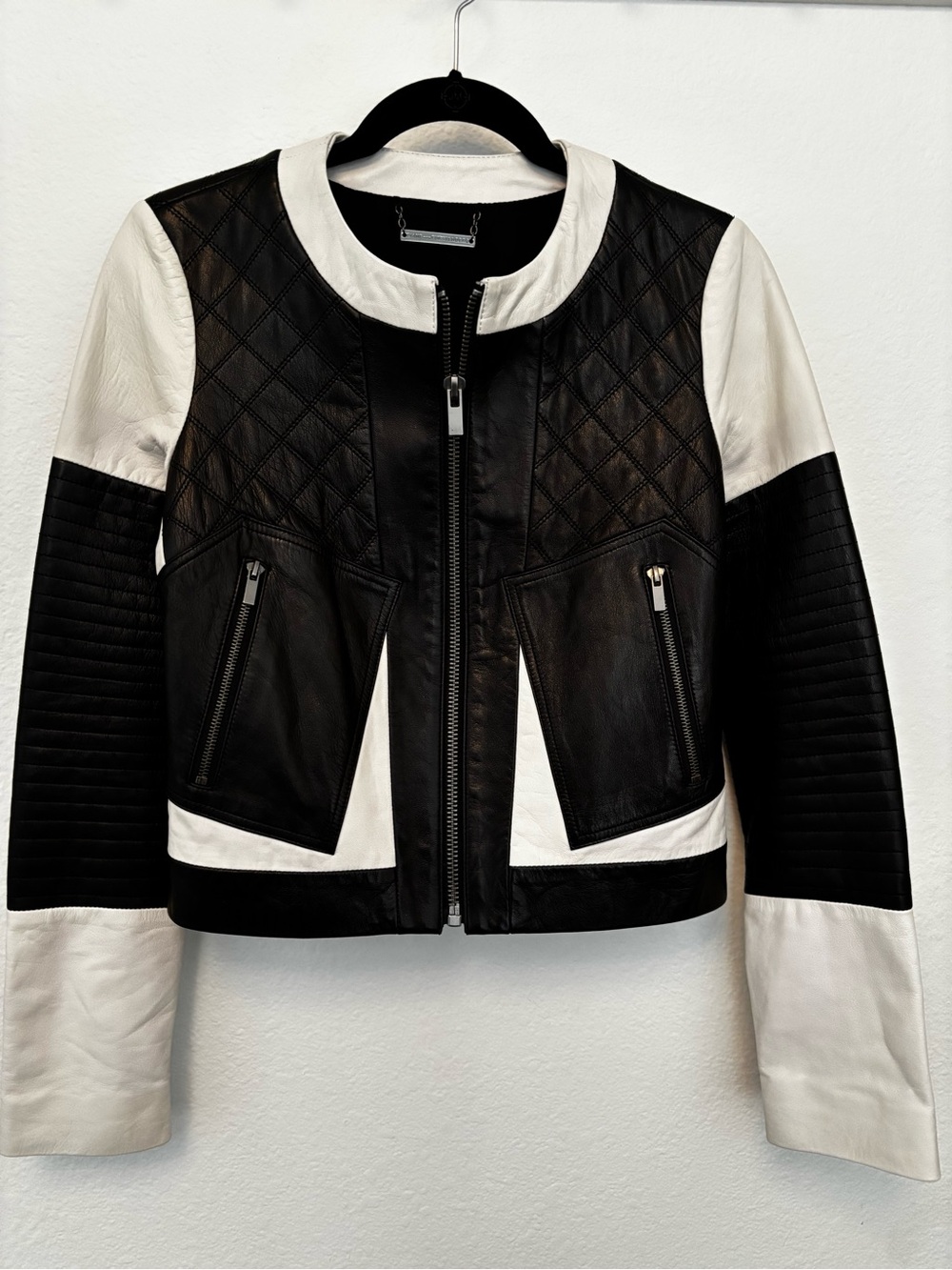 Diane Von Furstenberg Leather Jacket C Black/White Color Blocked Jacket